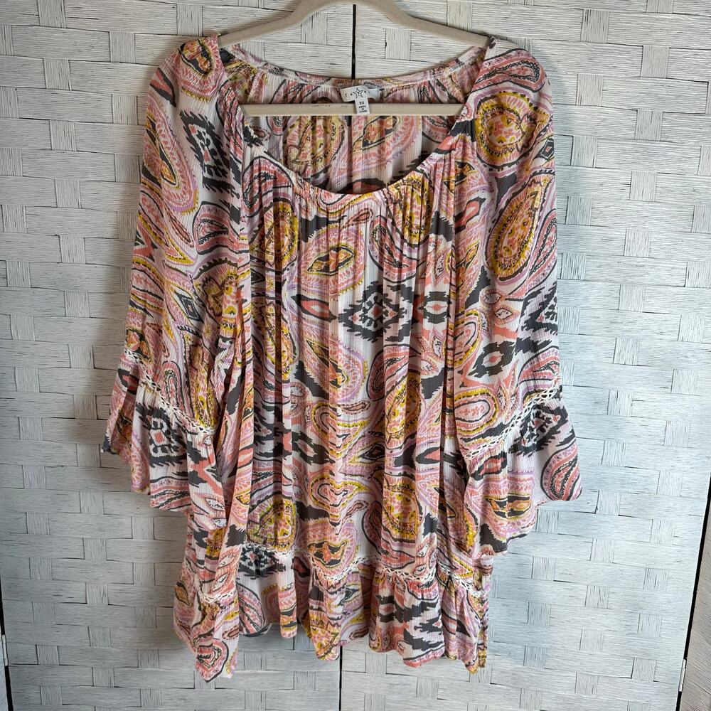 Fever Womens peasant Paisley blouse bohemian Bell sleeve lace colorful plus size